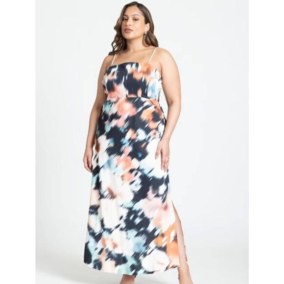 NWT Eloquii Women's Plus Size 16 Printed Satin Bias Dress with Faux Pearl Straps - Picture 1 of 5